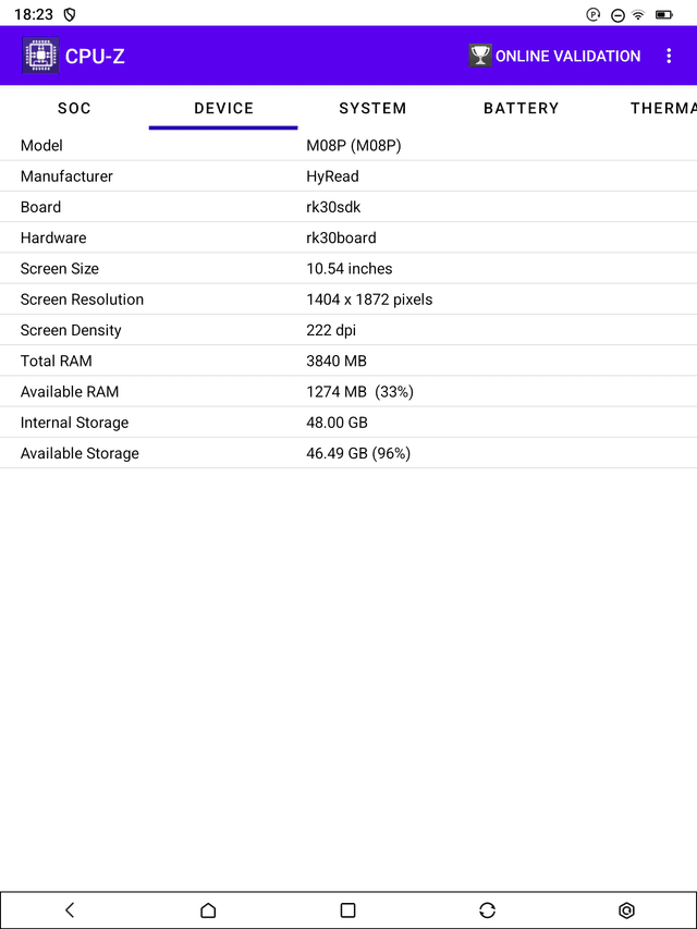 CPU-Z 實測：M08P，1404 x 1872，RAM 3840MB，可用儲存約 46.49GB