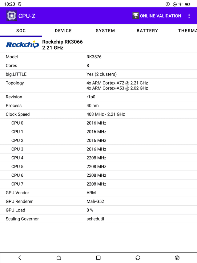 CPU-Z 實測：Rockchip RK3576，4x Cortex-A72 + 4x Cortex-A53，Mali-G52 GPU