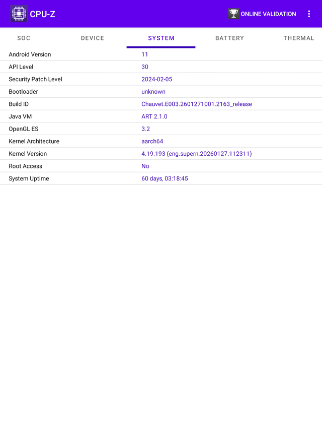 CPU-Z 實測：Android 11，Build Chauvet.E003.2601271001.2163_release