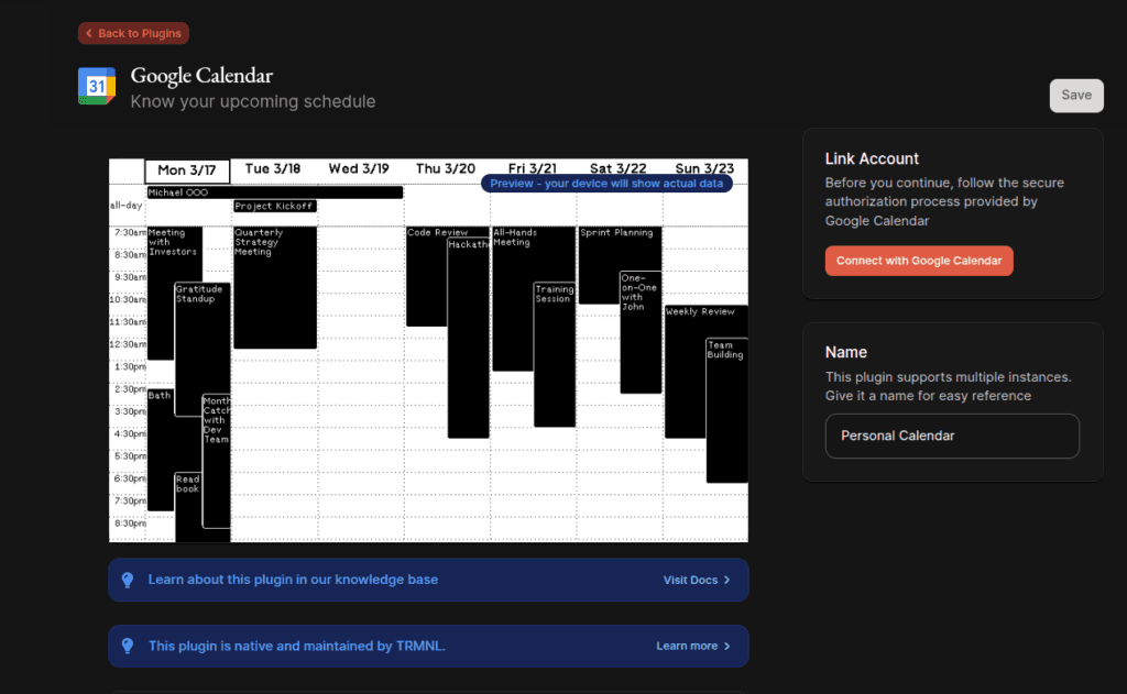 TRMNL Google Calendar 插件顯示效果