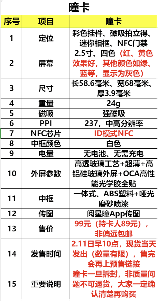 曈卡官方規格表
