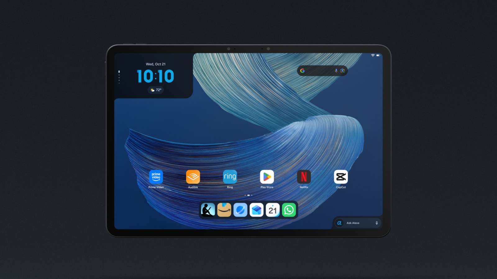 Amazon 官方產品圖:深色背景前的 Amazon Alexa Tablet 12 Pro 橫放,主畫面顯示 10:10 時鐘、藍色波紋桌布,以及 Prime Video、Audible、Ring、Play 商店、Netflix 等 App 圖示