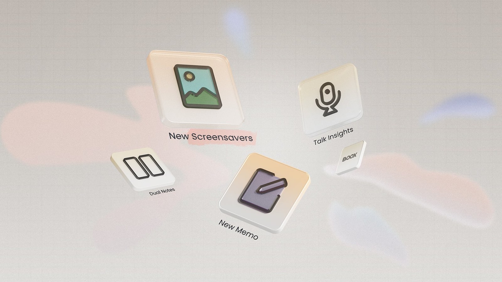 BOOX V4.3 韌體官方主視覺,New Screensavers、Talk Insights、Dual Notes、New Memo 四個功能圖示飄浮在畫面中