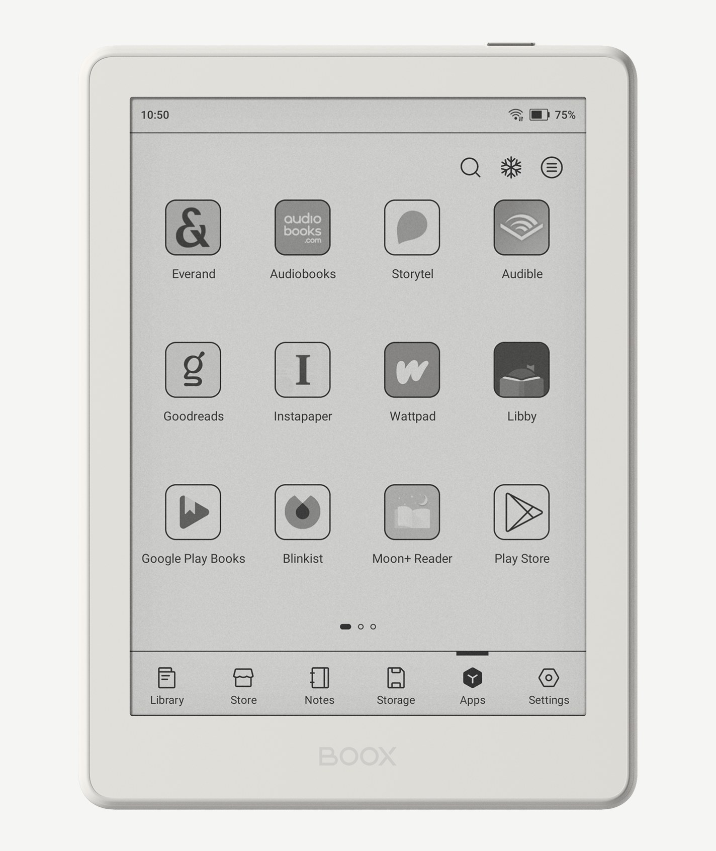 BOOX 官方產品圖:白色 Go 6 Gen II 的應用程式頁面,列出 Everand、Audiobooks、Storytel、Audible、Goodreads、Instapaper、Wattpad、Libby、Google Play Books、Blinkist、Moon+ Reader 與 Play Store