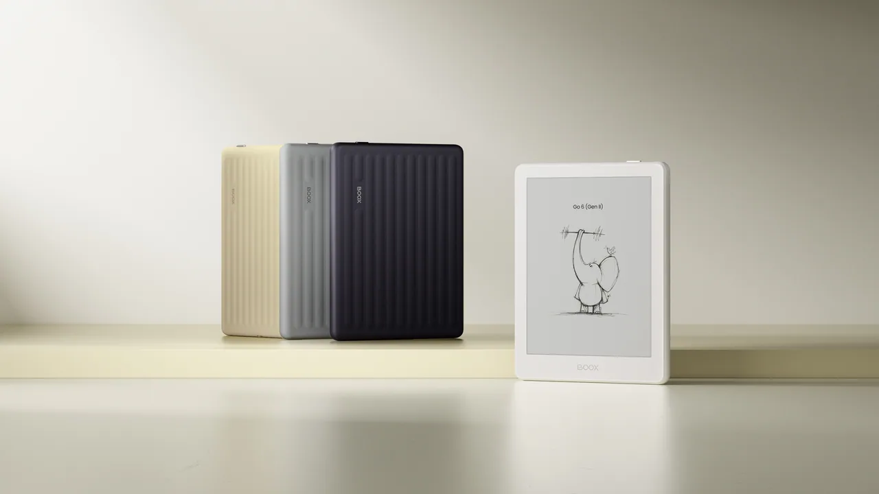 BOOX Go 6 Gen II 四色官方形象圖,包含暖陽黃、日光白、夜幕紫與晨霧灰