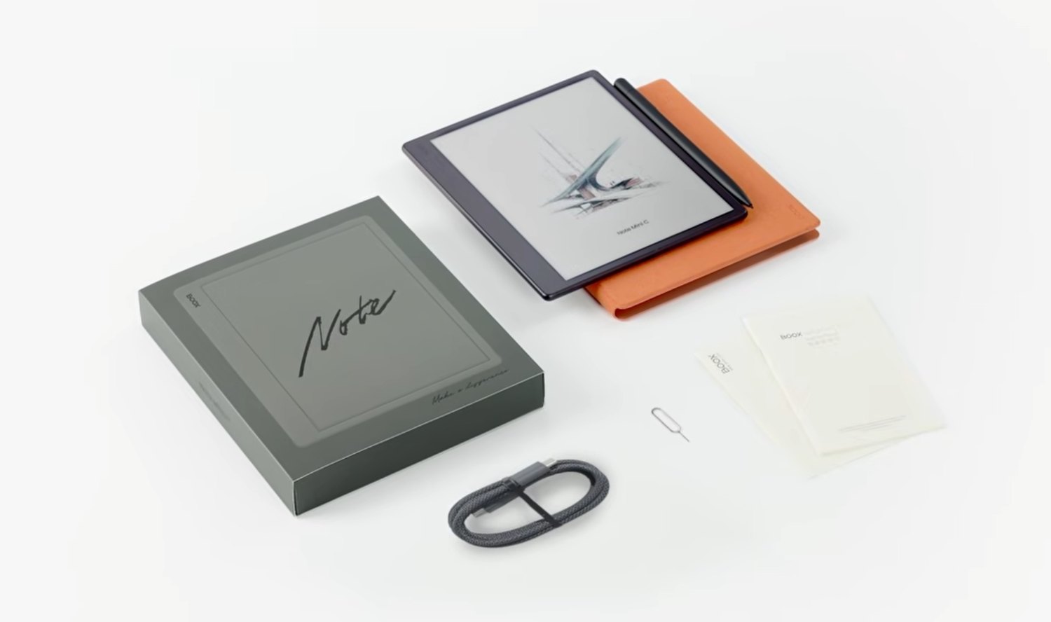 Note Mini C 開箱平拍:主機、筆、磁吸保護套、編織 USB-C 線、退卡針與說明書
