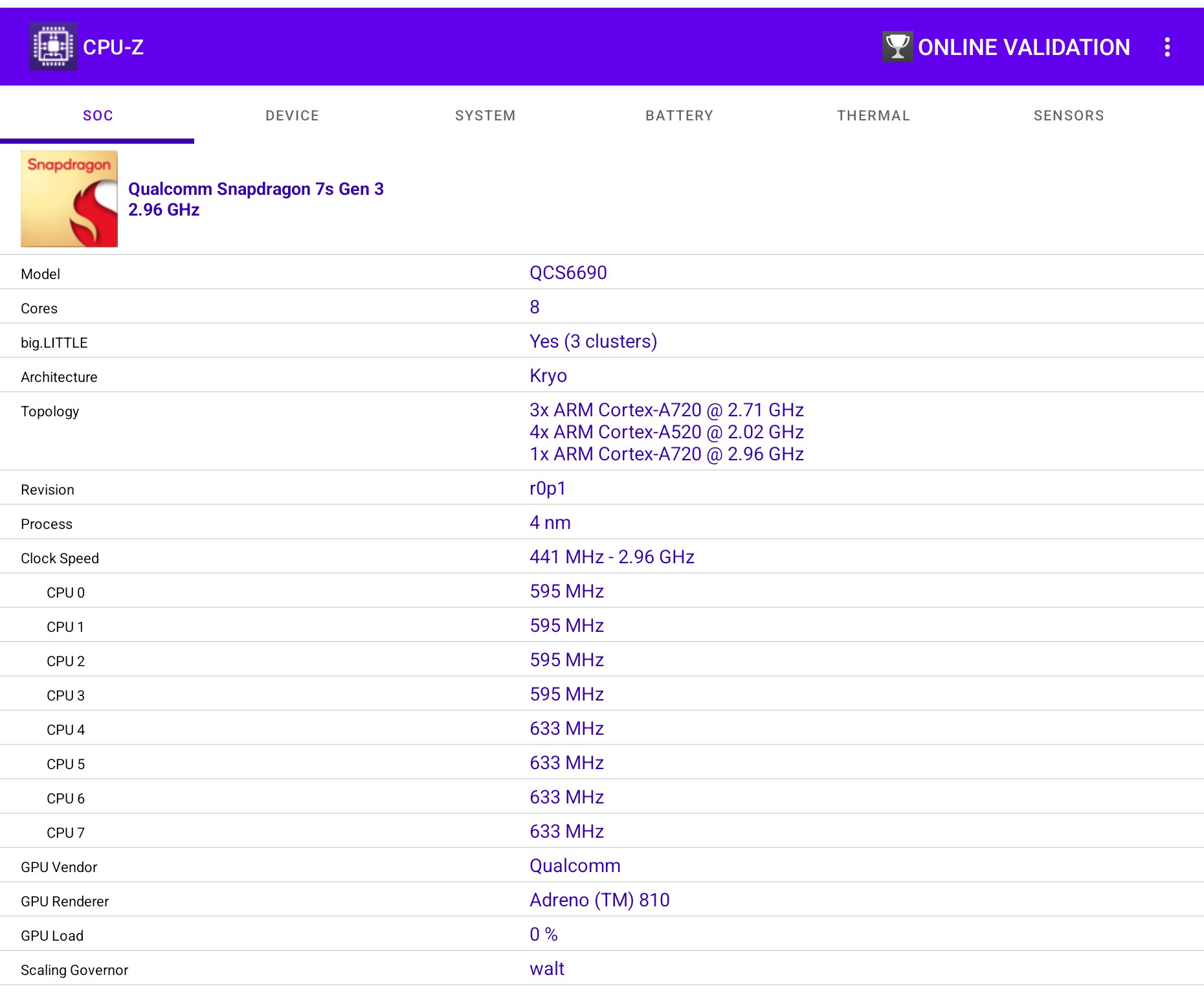 CPU-Z 的 SoC 頁面,上方標示 Qualcomm Snapdragon 7s Gen 3、2.96 GHz,下方列出型號 QCS6690、8 核心三組、1 顆 Cortex-A720 2.96 GHz、3 顆 Cortex-A720 2.71 GHz、4 顆 Cortex-A520 2.02 GHz、4 nm 製程、GPU Adreno 810