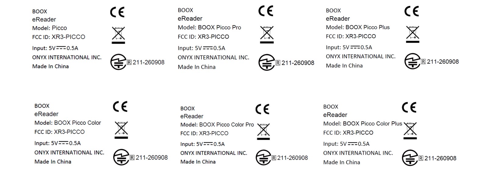 FCC 文件中的六款產品標籤,分別標示 Model Picco、BOOX Picco Pro、BOOX Picco Plus、BOOX Picco Color、BOOX Picco Color Pro、BOOX Picco Color Plus,都寫 FCC ID XR3-PICCO、Input 5V 0.5A,並有 CE 與日本技適標章