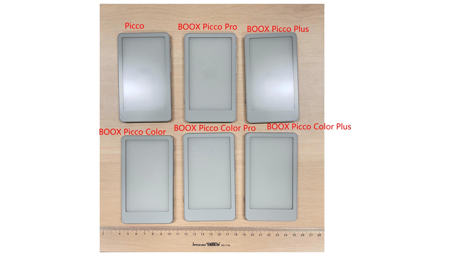 FCC 認證外觀照,六台外型相同的 BOOX Picco 分兩排擺放,分別標示 Picco、Picco Pro、Picco Plus、Picco Color、Picco Color Pro、Picco Color Plus