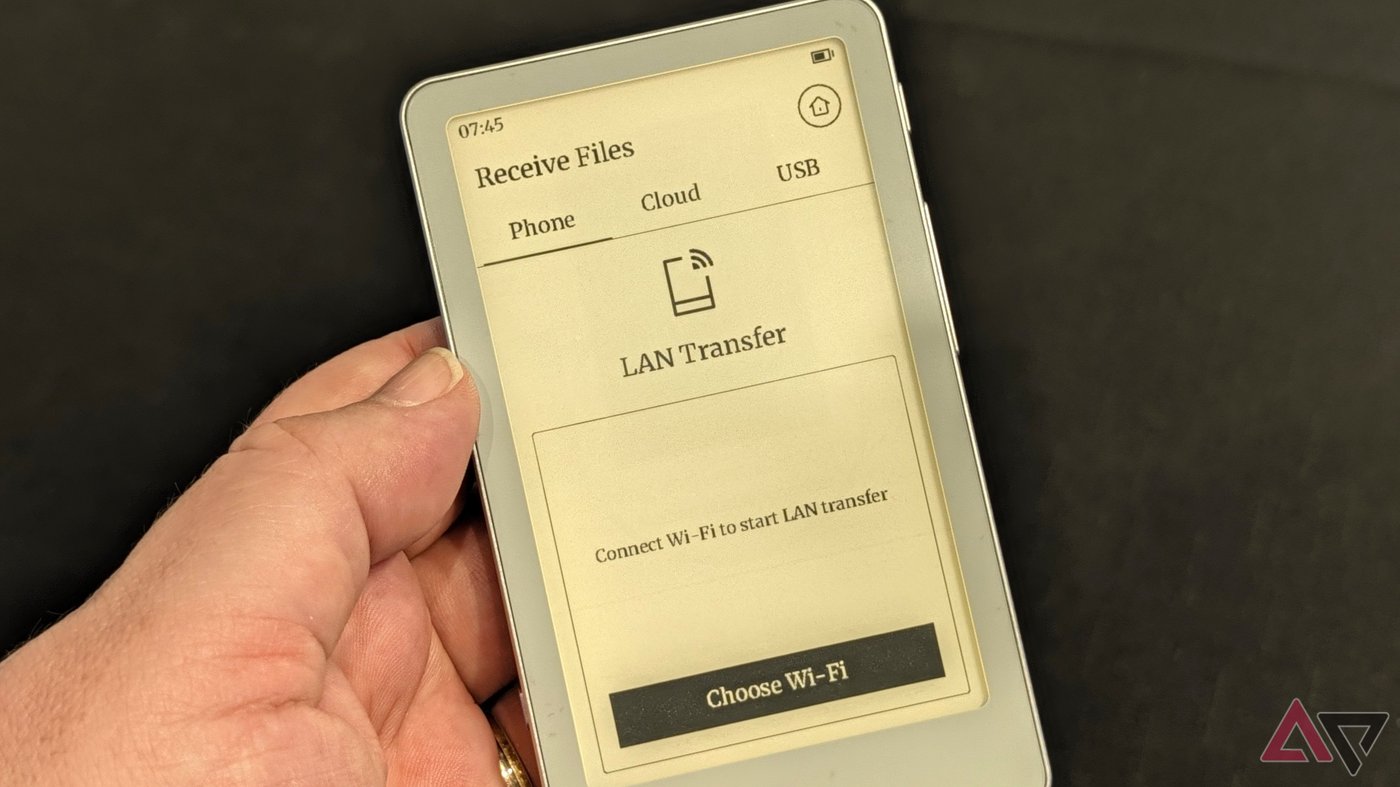 BOOX Picco 的 Receive Files 畫面,含 Phone/Cloud/USB 與 LAN Transfer