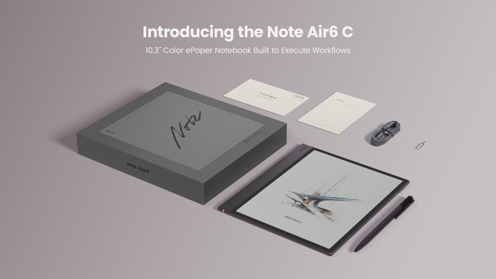 BOOX Note Air6 C 官方開箱圖，盒子旁邊擺著機身、觸控筆、USB-C 線、取卡針與說明卡