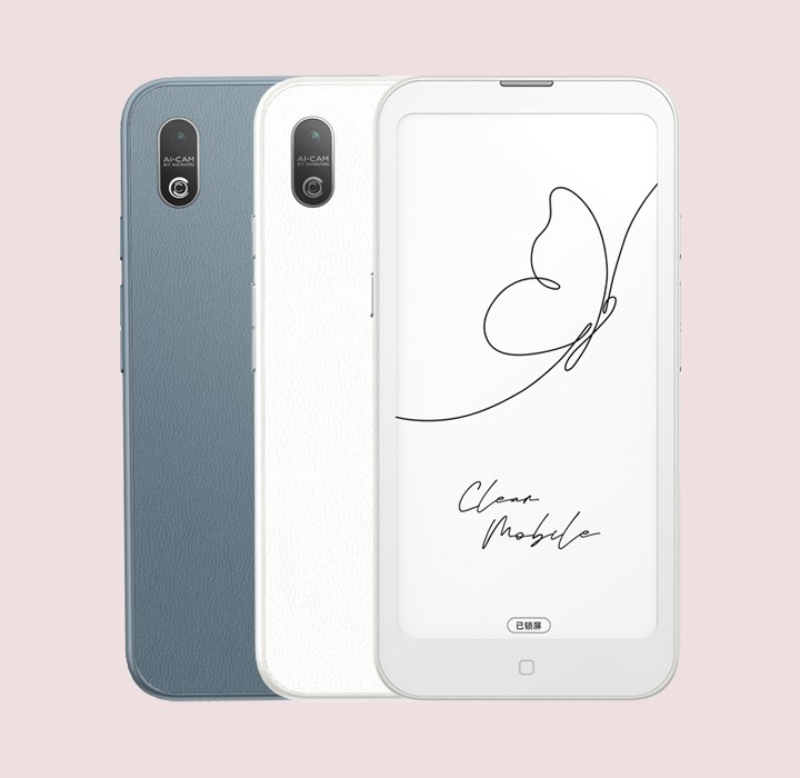 漢王 Clear Mobile 移動閱讀器官方產品圖，手機造型的 6.13 吋電子紙閱讀器，有灰藍與白色背殼