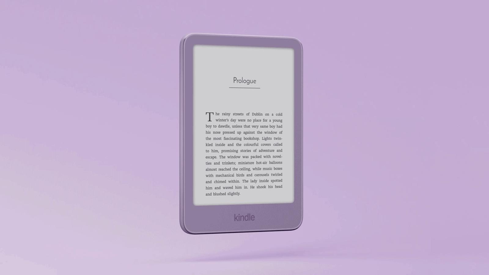 Amazon 官方產品圖:紫芋色(Ube)的新款入門 Kindle 懸浮在同色背景前,螢幕顯示小說的 Prologue 頁面,正面邊框與機身同色,螢幕和邊框齊平