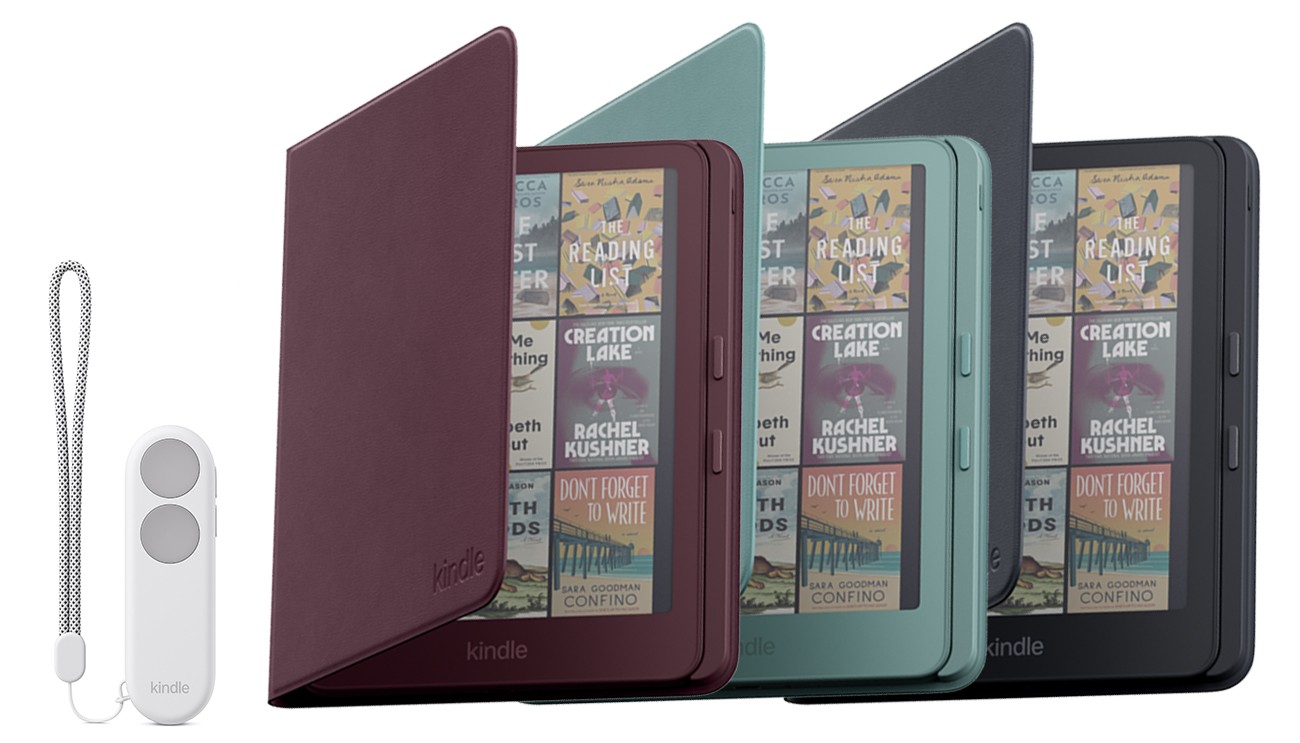 Amazon 日本官方產品圖:左邊是附手腕掛繩的白色 Kindle Click,兩顆圓形灰色按鍵上下排列;右邊是三台套著同色保護套的 Kindle Colorsoft,保護套右側可以看到兩顆翻頁按鍵
