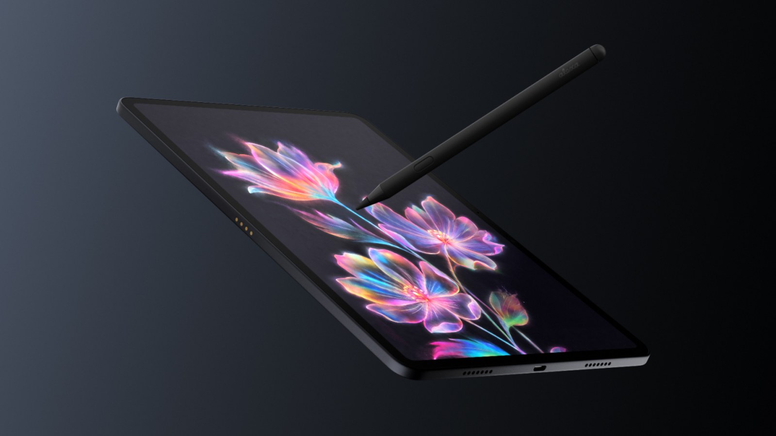 Amazon Alexa Tablet 12 Pro 斜放在深色背景上，螢幕顯示彩色花朵插畫，上方懸著一支黑色 Pro Pen 手寫筆