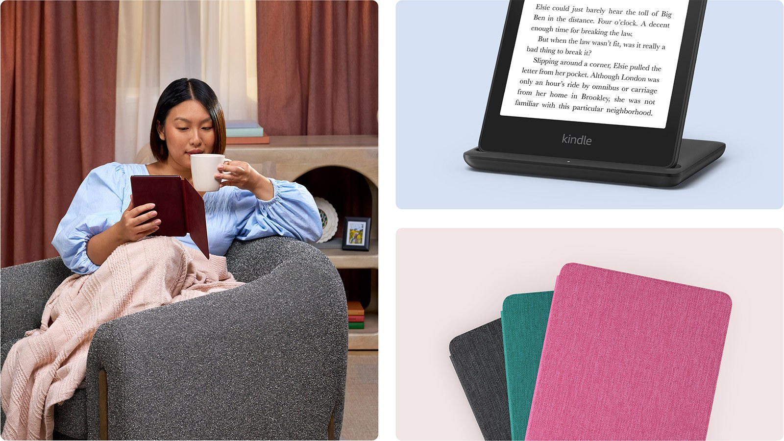 Amazon 官方情境圖：女子坐在扶手椅上，一手拿咖啡、一手拿套著紅色保護套的 Kindle Paperwhite；右側是無線充電座與三色布質保護套