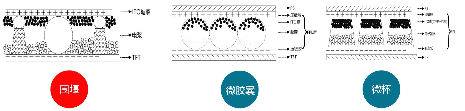 大連佳顯簡報中的結構對照圖:左邊是 DES,TFT 上有斜線的圍堰,中間是黑白粒子組成的電漿,上方是 ITO 玻璃;中間是微膠囊結構,右邊是微杯結構,兩者都由 PS、壓敏膠、ITO 膜、膠囊或微杯組成 FPL 層,再貼在 TFT 上