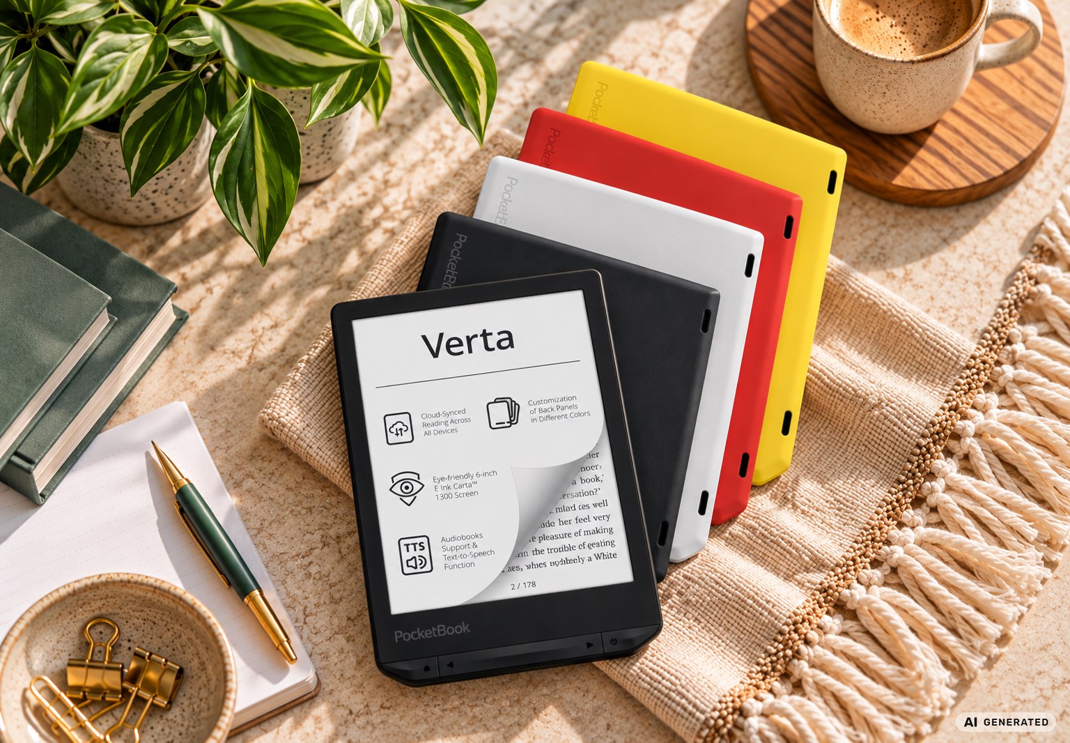 PocketBook 官方情境圖:桌上放著一台螢幕顯示 Verta 介紹的閱讀器,後方斜放黑、灰白、紅、黃四片不同顏色的背蓋,周圍有盆栽、咖啡與筆記本,右下角標示 AI GENERATED