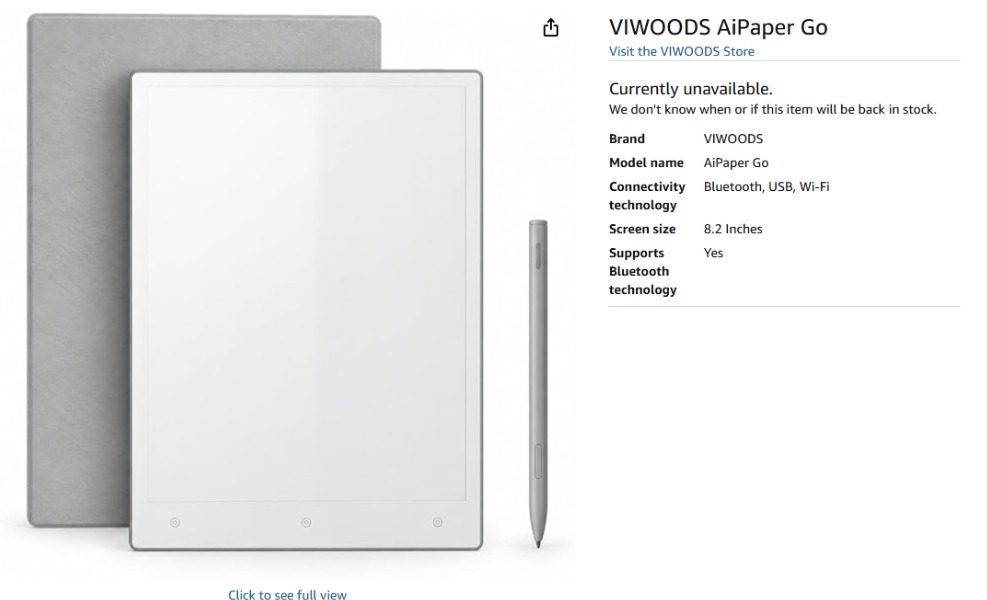 英國 Amazon 的 VIWOODS AiPaper Go 商品頁截圖,商品圖為白色手寫平板、灰色保護套與手寫筆,規格欄寫螢幕尺寸 8.2 吋、支援藍牙、USB 與 Wi-Fi