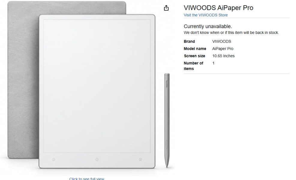 英國 Amazon 的 VIWOODS AiPaper Pro 商品頁截圖,商品圖為白色手寫平板、灰色保護套與手寫筆,規格欄寫螢幕尺寸 10.65 吋