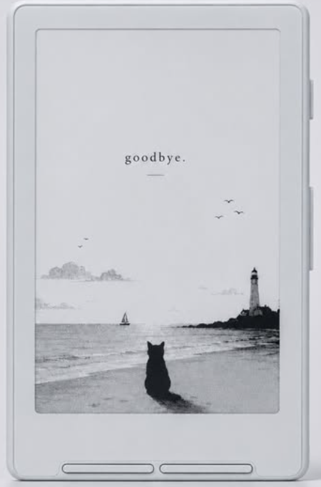 XTEINK X4 告別圖：螢幕顯示 goodbye 與一隻貓望著燈塔