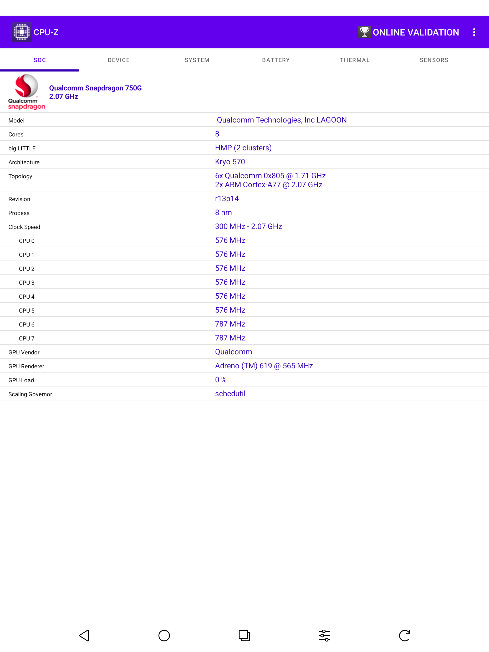CPU-Z 實測：Snapdragon 750G、8 核心、Adreno 619