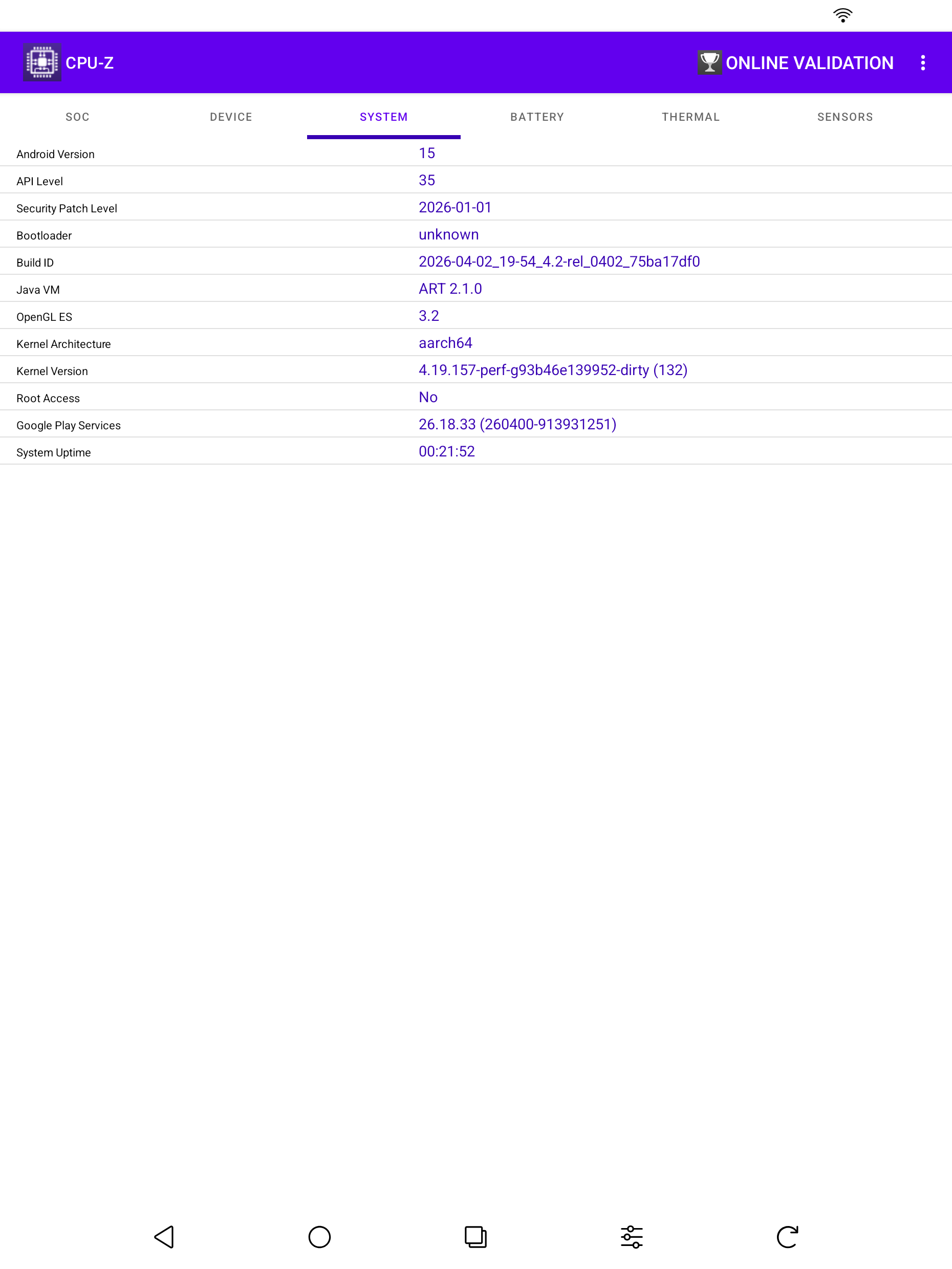 CPU-Z 實測：Android 15、2026-01-01 安全性修補、OpenGL ES 3.2