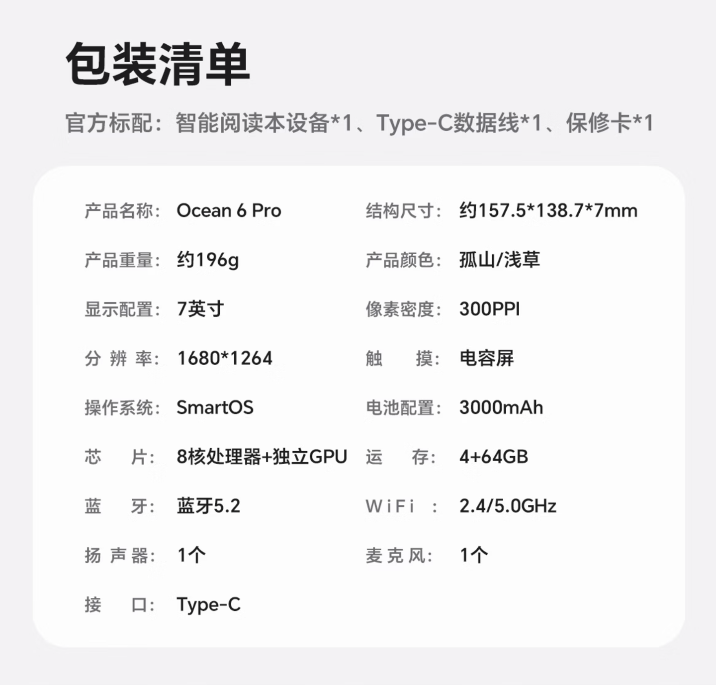 iReader Ocean 6 Pro 產品規格與包裝清單｜iReader 商詳素材，經 IT之家／新浪轉載；非主圖