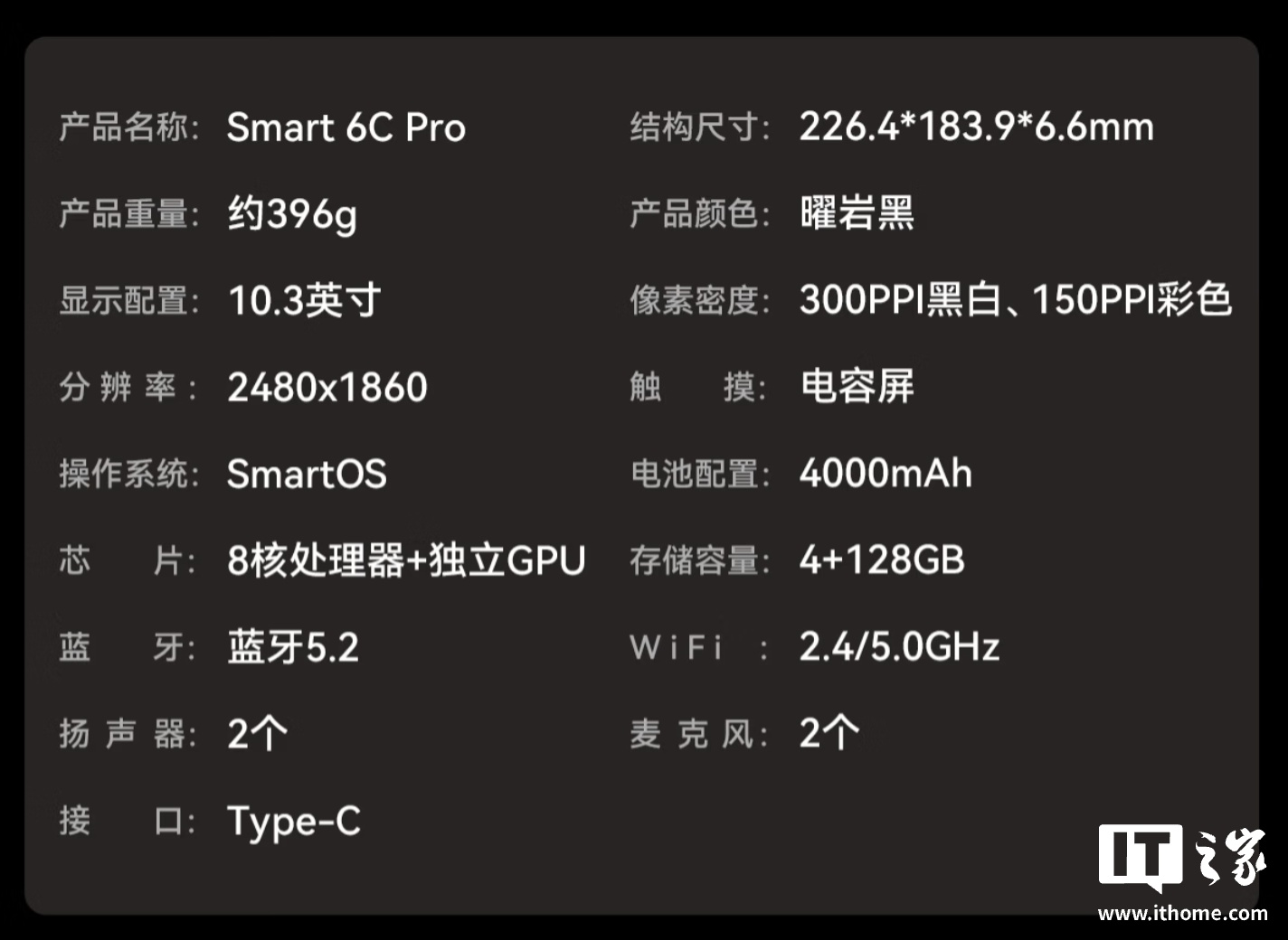 掌閱 iReader Smart 6C Pro 官方參數表（IT之家整理）