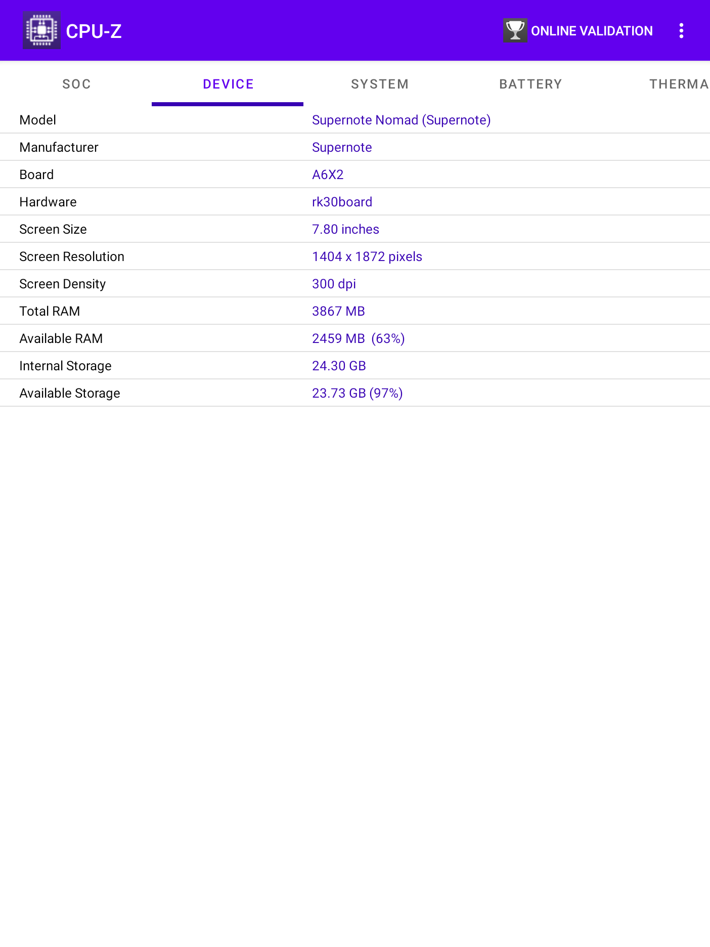 CPU-Z 實測：A6X2，1404 x 1872，RAM 3867MB，內部儲存約 24.30GB