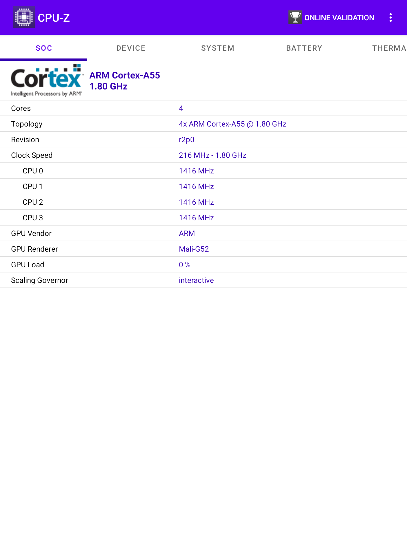CPU-Z 實測：4x ARM Cortex-A55 @ 1.80GHz，Mali-G52 GPU
