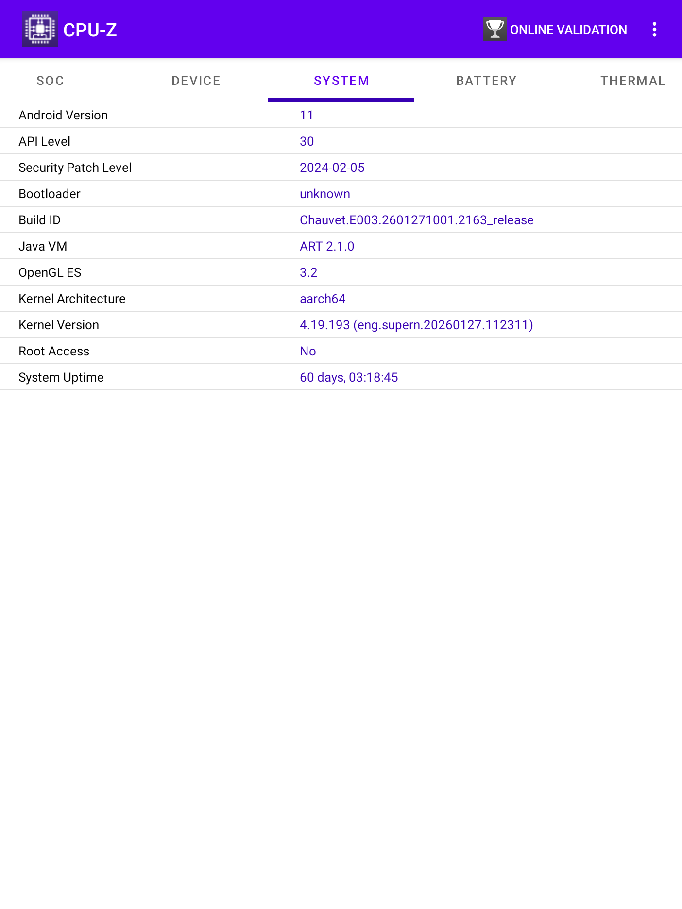 CPU-Z 實測：Android 11，Build Chauvet.E003.2601271001.2163_release